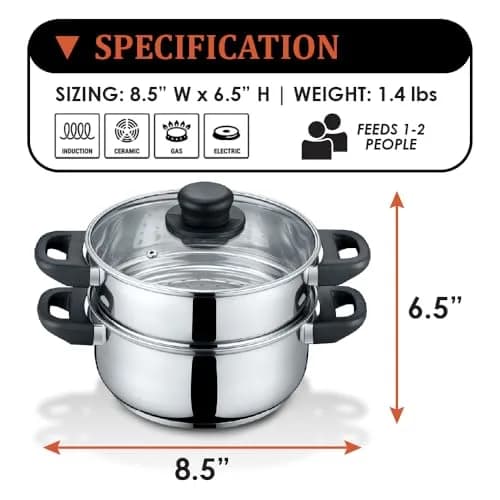 Concord 3 Quart Stainless Steel Steamer Set | Induction Compatible, 2 Tier, Tempered Glass Lid thumbnail 2