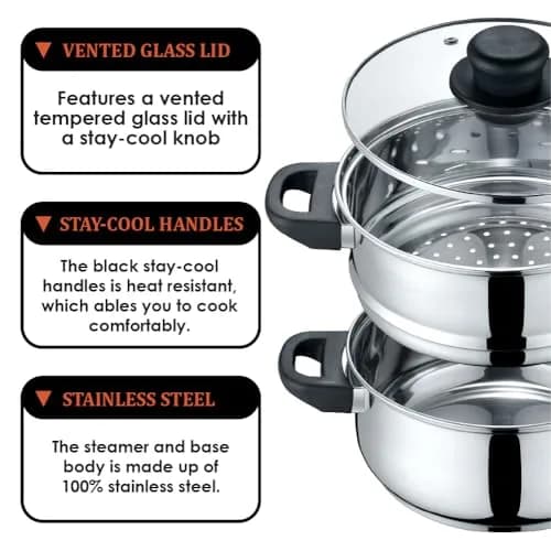 Concord 3 Quart Stainless Steel Steamer Set | Induction Compatible, 2 Tier, Tempered Glass Lid thumbnail 4