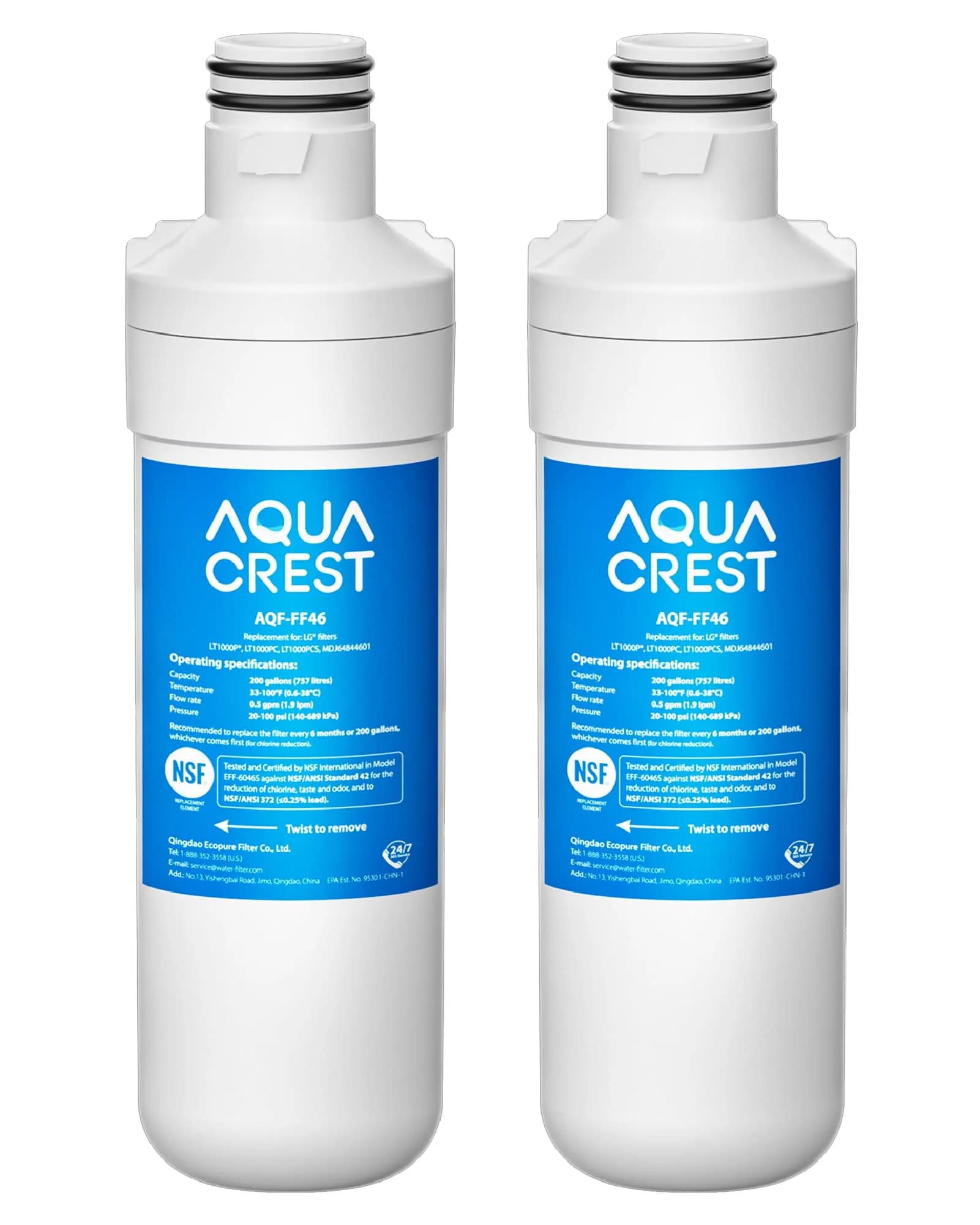 AQUA CREST LT1000PC Refrigerator Water Filter 2 Pack | NSF 42 Certified for Chlorine Taste & Odor Reduction - main product image