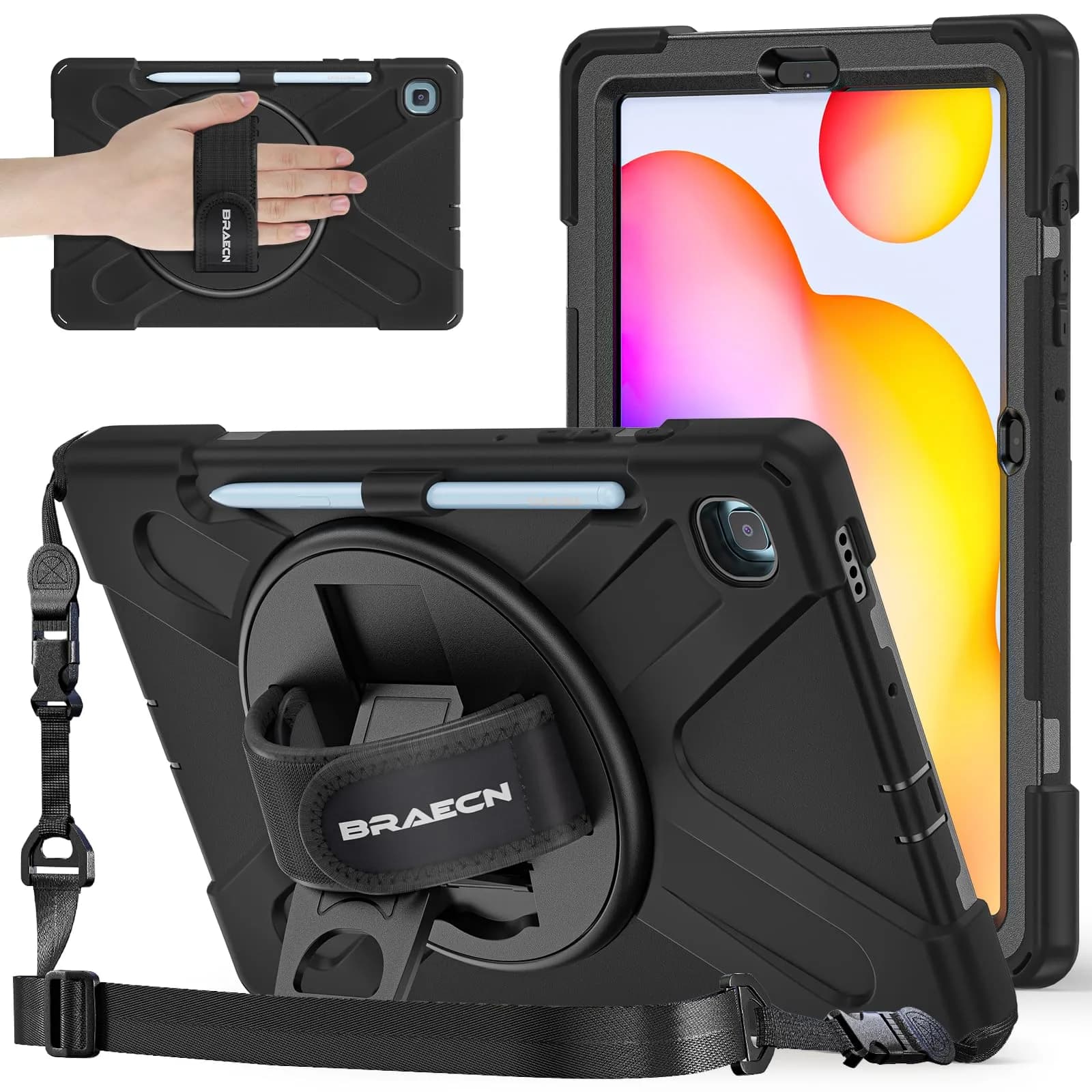BRAECNstock Rugged Case for Samsung Galaxy Tab S6 Lite 10.4" (2020/2022/2024) with Hand Strap & Stand, 450g - main product image