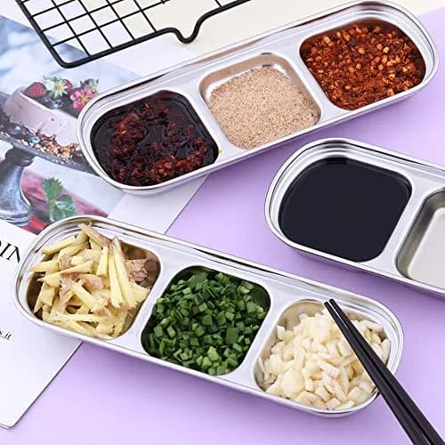 Liineparalle Stainless Steel Sier Sauce Dish 3 Grids | Durable, Safe & Space-Saving thumbnail 2