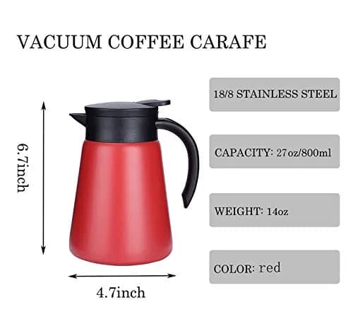 JOYSIP Red 800ml (27oz) Thermal Coffee Carafe with Handle | Double Walled Vacuum Insulated Pot thumbnail 2