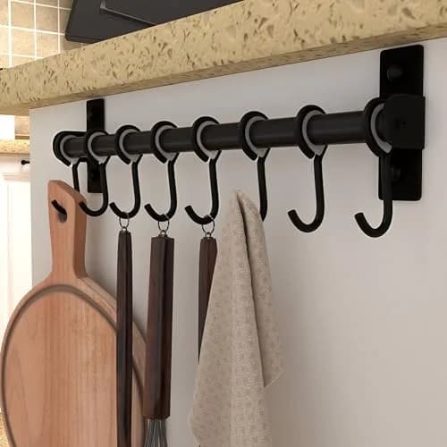 Dseap Black Stainless Steel Utensil Holder Rail with 8 Hooks | Wall Mount Kitchen Organizer 40cm (15.75in) thumbnail 4