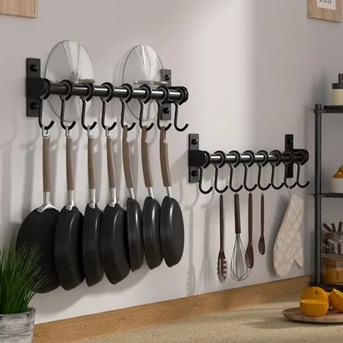 Dseap Black Stainless Steel Utensil Holder Rail with 8 Hooks | Wall Mount Kitchen Organizer 40cm (15.75in) thumbnail 3