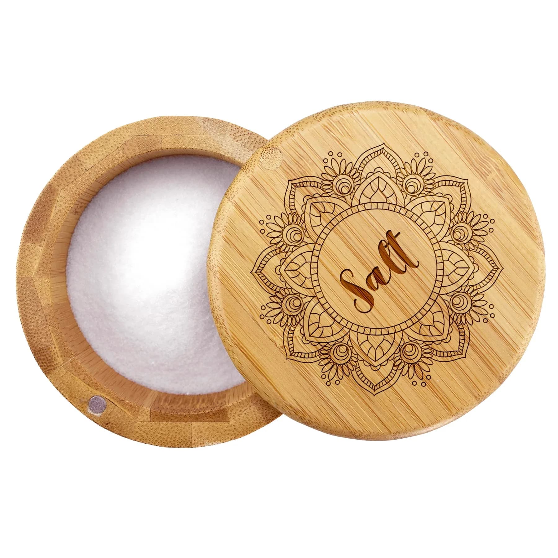 Totally Bamboo Mandala Flower Salt Cellar Bamboo Storage Box with Magnetic Swivel Lid, 6 oz (170 ml) | Keep Spices Handy