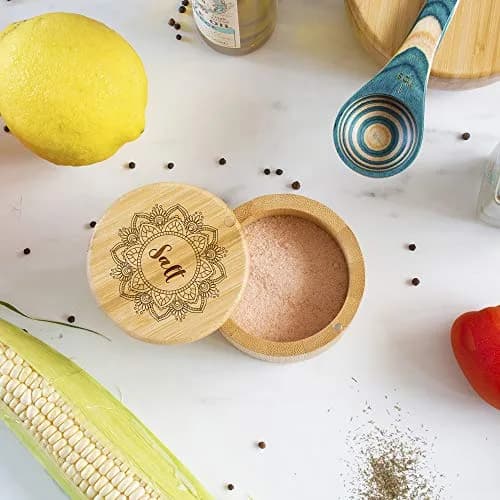 Totally Bamboo Mandala Flower Salt Cellar Bamboo Storage Box with Magnetic Swivel Lid, 6 oz (170 ml) | Keep Spices Handy thumbnail 3