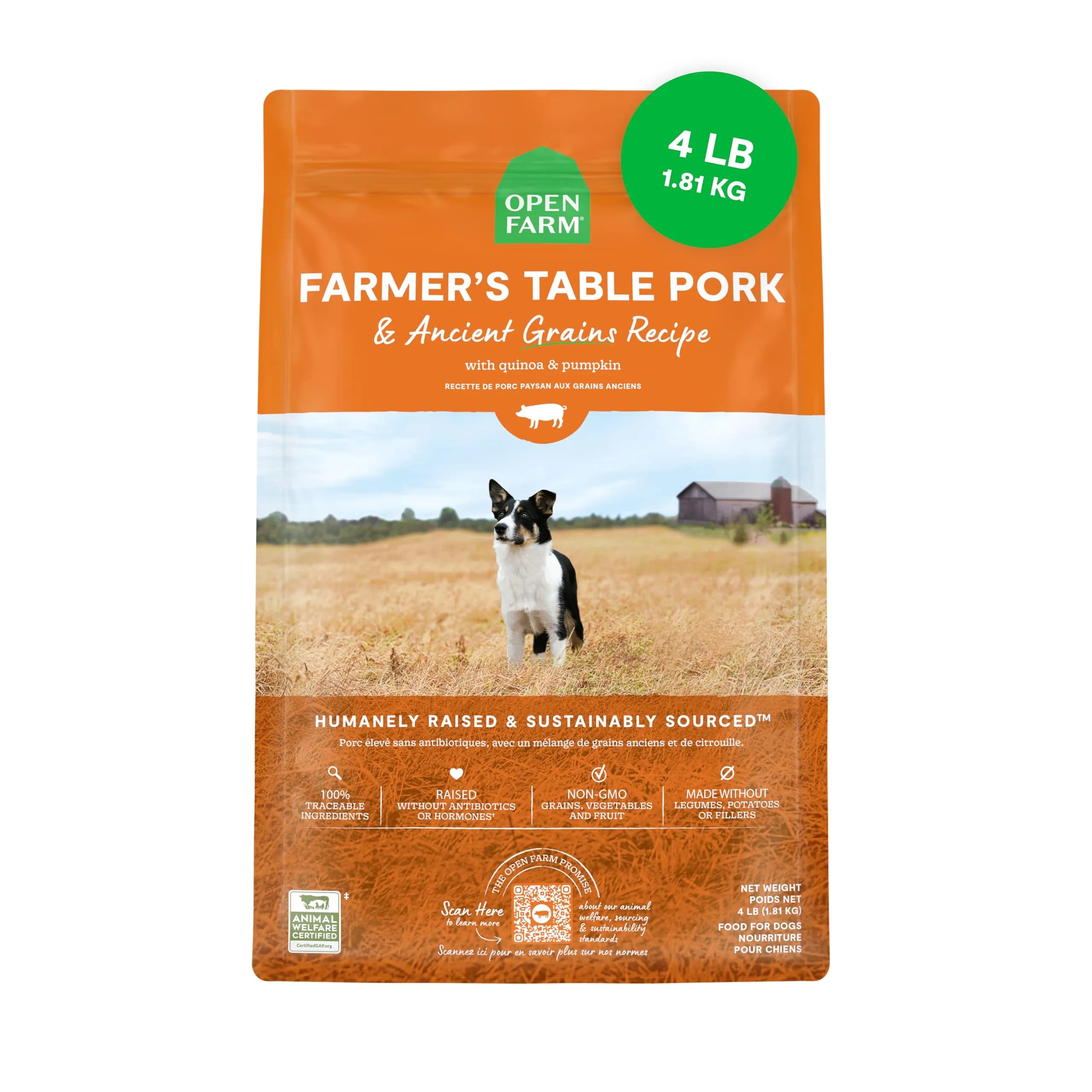 Open Farm Ancient Grains Dry Dog Food Small Breed Kibble 1.81 kg (4lb) | High Protein, Traceable Ingredients — Farmer's Table Pork / 4 Pound