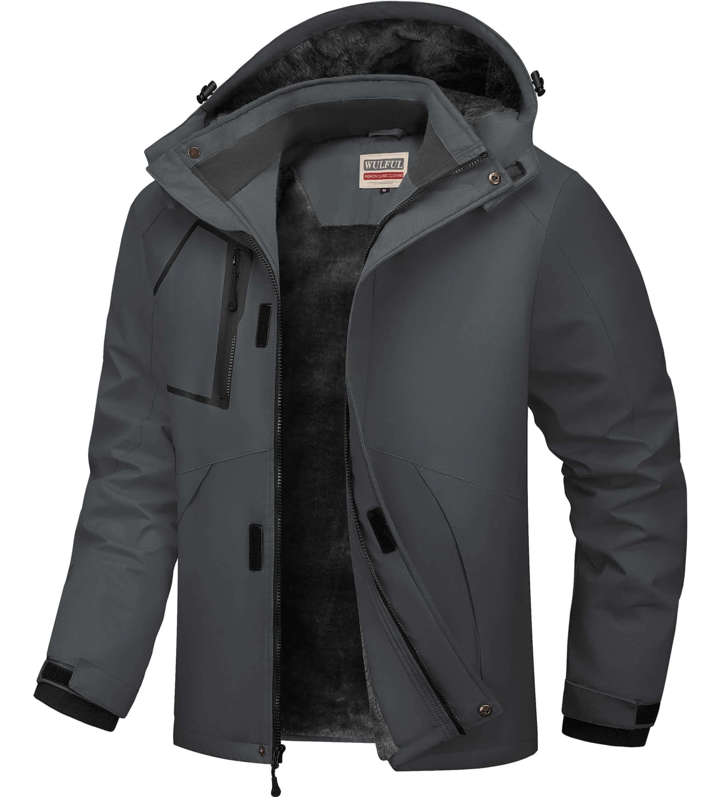 WULFUL Men's Waterproof Ski Jacket Warm Winter Coats Windproof with Hood | Fleece Lined, Relaxed Fit, Water & Wind Resistant — Dark Grey / Large