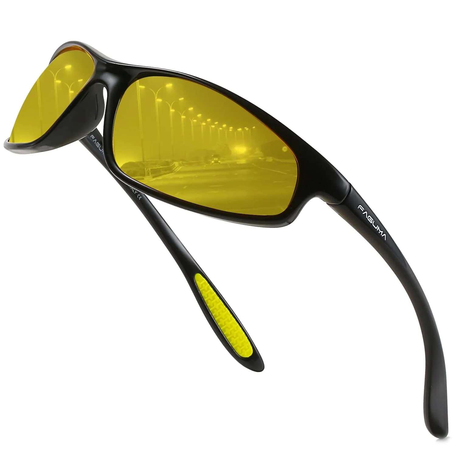 FAGUMA Polarized Sports Sunglasses for Men | UV400 Protection, Matte Black/Grey — Gloss Black/Yellow