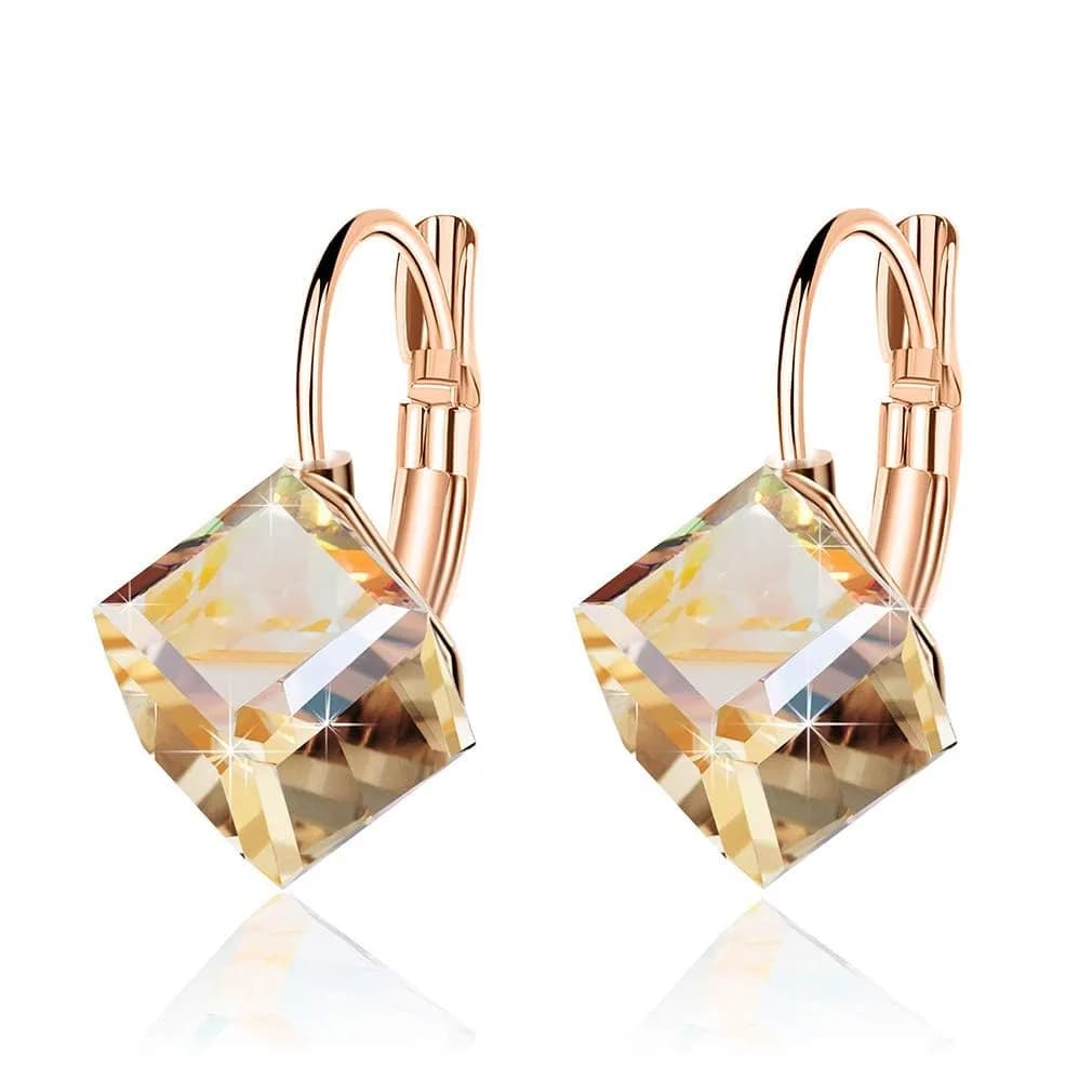 EVEVIC Austrian Crystal Cube Drop Leverback Earrings for Women | 2.29cm (0.9 in) x 1.52cm (0.6 in) Blue Crystal — Champagne