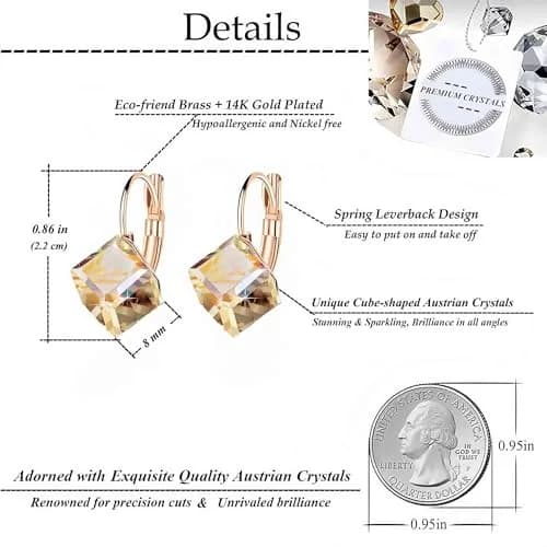 EVEVIC Austrian Crystal Cube Drop Leverback Earrings for Women | 2.29cm (0.9") x 1.52cm (0.6") Champagne Crystal thumbnail 4