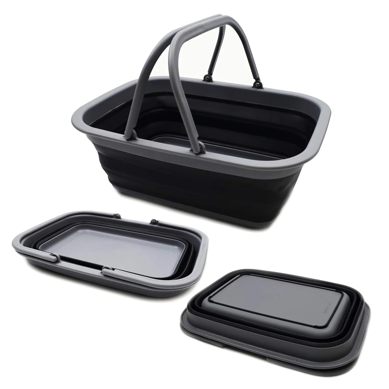 SAMMART 9.2L Collapsible Picnic Basket with Handles | Space Saving, Portable & Foldable (Grey/Black)