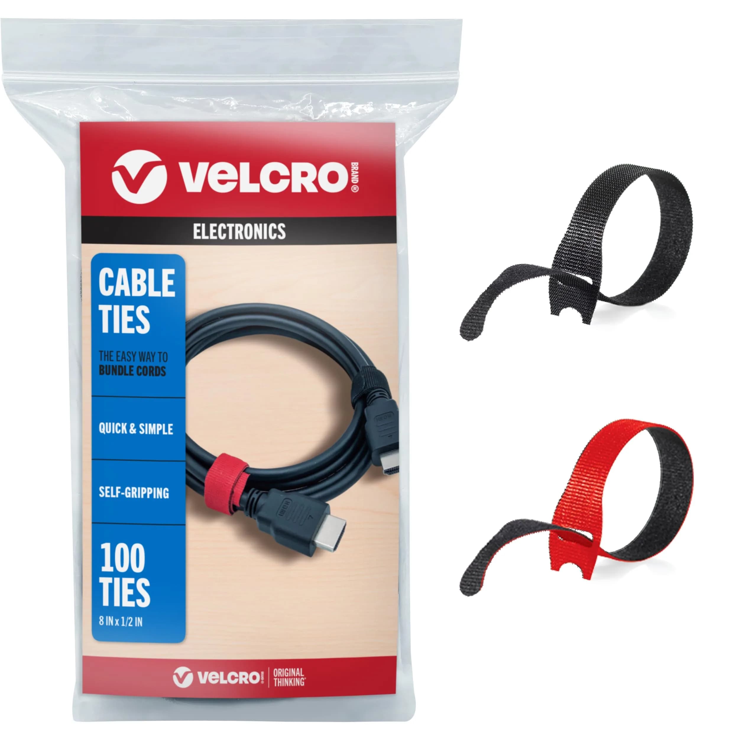 VELCRO Brand ONE-WRAP Cable Ties, 8in x 1/2in (20.3cm x 1.27cm), Black, 100 Pack | Reusable Cord Management Straps for Home & Office — Red and Black / 8In x 1/2In / Cable Ties