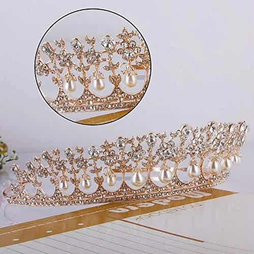 CROWN GUIDE Rose Gold Bridal Tiara Crown | Vintage Wedding Hair Jewelry (5.9 inches) thumbnail 3