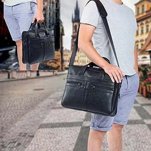 seyfocnia Black Leather Messenger Bag for 17.3 Inch Laptops | Water-Resistant Business Satchel with Multiple Compartments thumbnail 2
