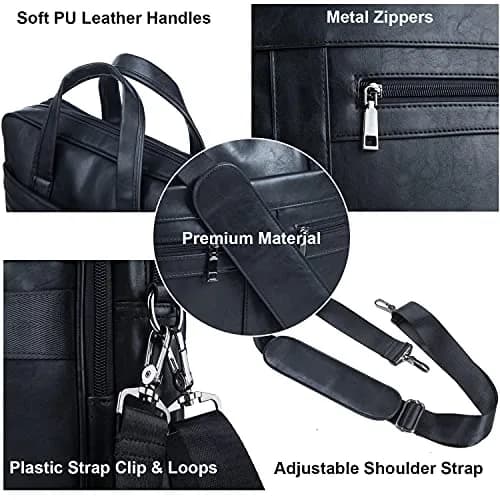 seyfocnia Black Leather Messenger Bag for 17.3 Inch Laptops | Water-Resistant Business Satchel with Multiple Compartments thumbnail 3