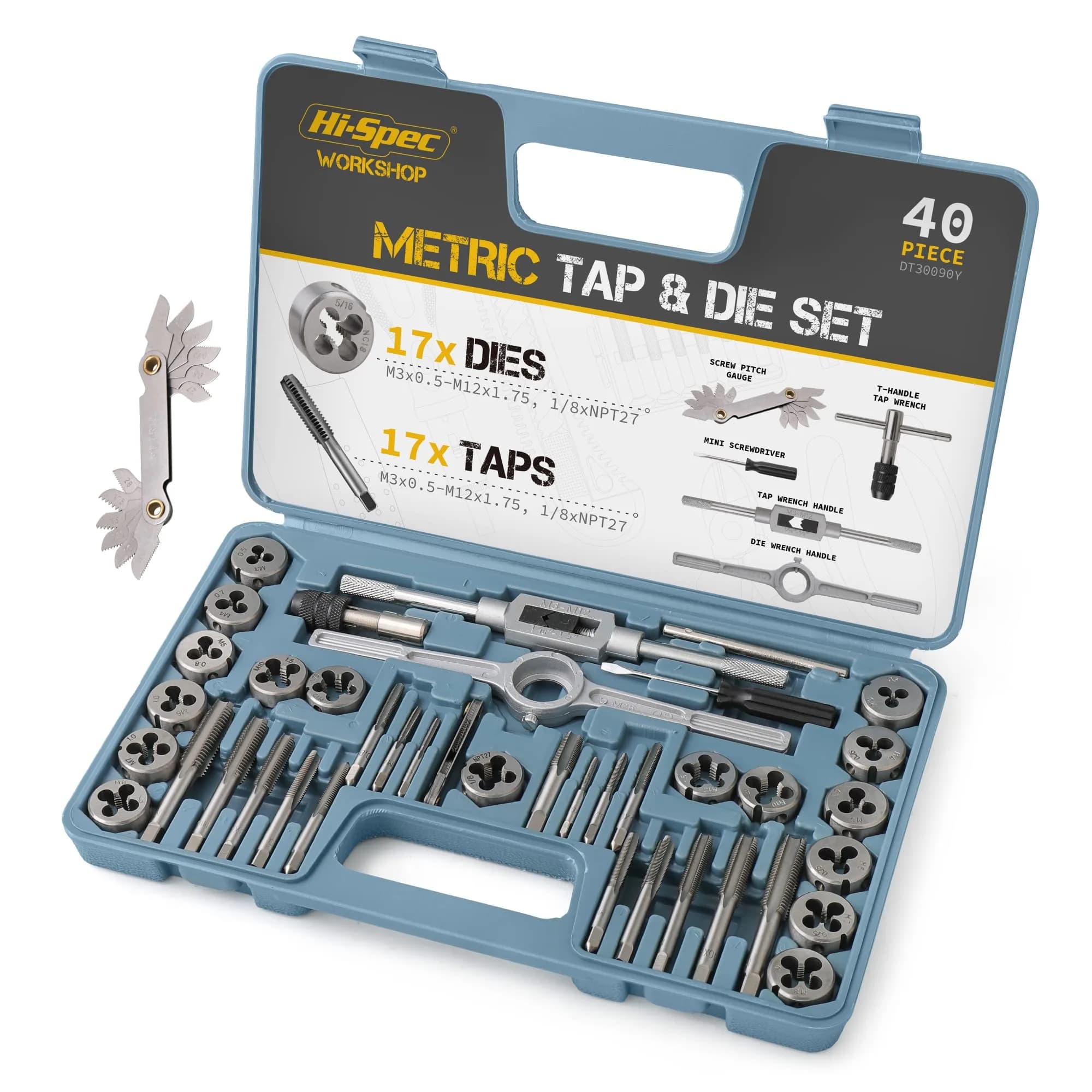 Hi-Spec 39pc Metric Tap and Die Set M3-M12 with Wrench and Gauge | Repair Worn Threads, Cut Clean New Threads