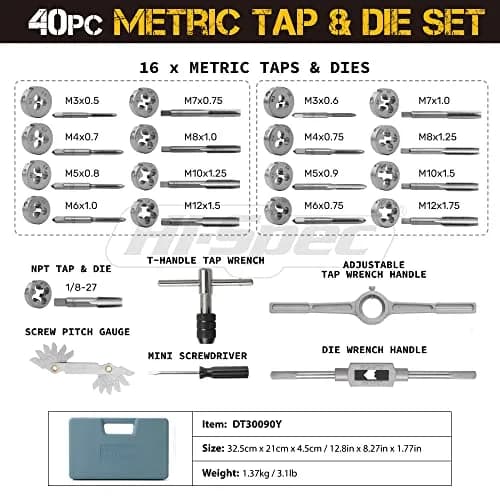 Hi-Spec 39pc Metric Tap and Die Set M3-M12 with Wrench and Gauge | Repair Worn Threads, Cut Clean New Threads thumbnail 2