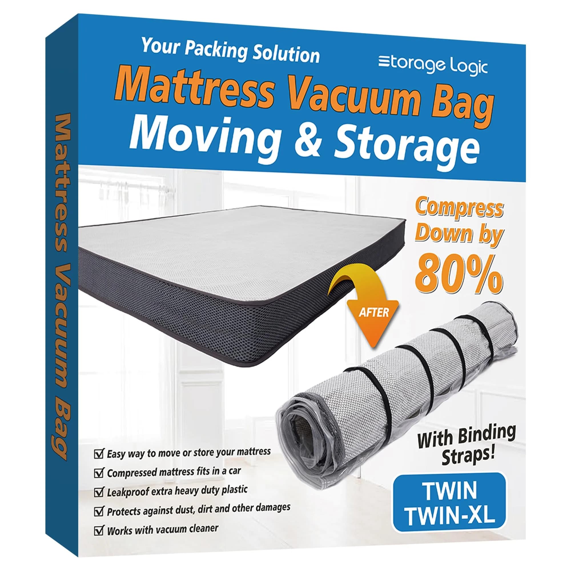 Storage Logic Twin/Twin-XL Mattress Vacuum Bag with 4 Straps | Compresses to 80% for Moving & Storage
