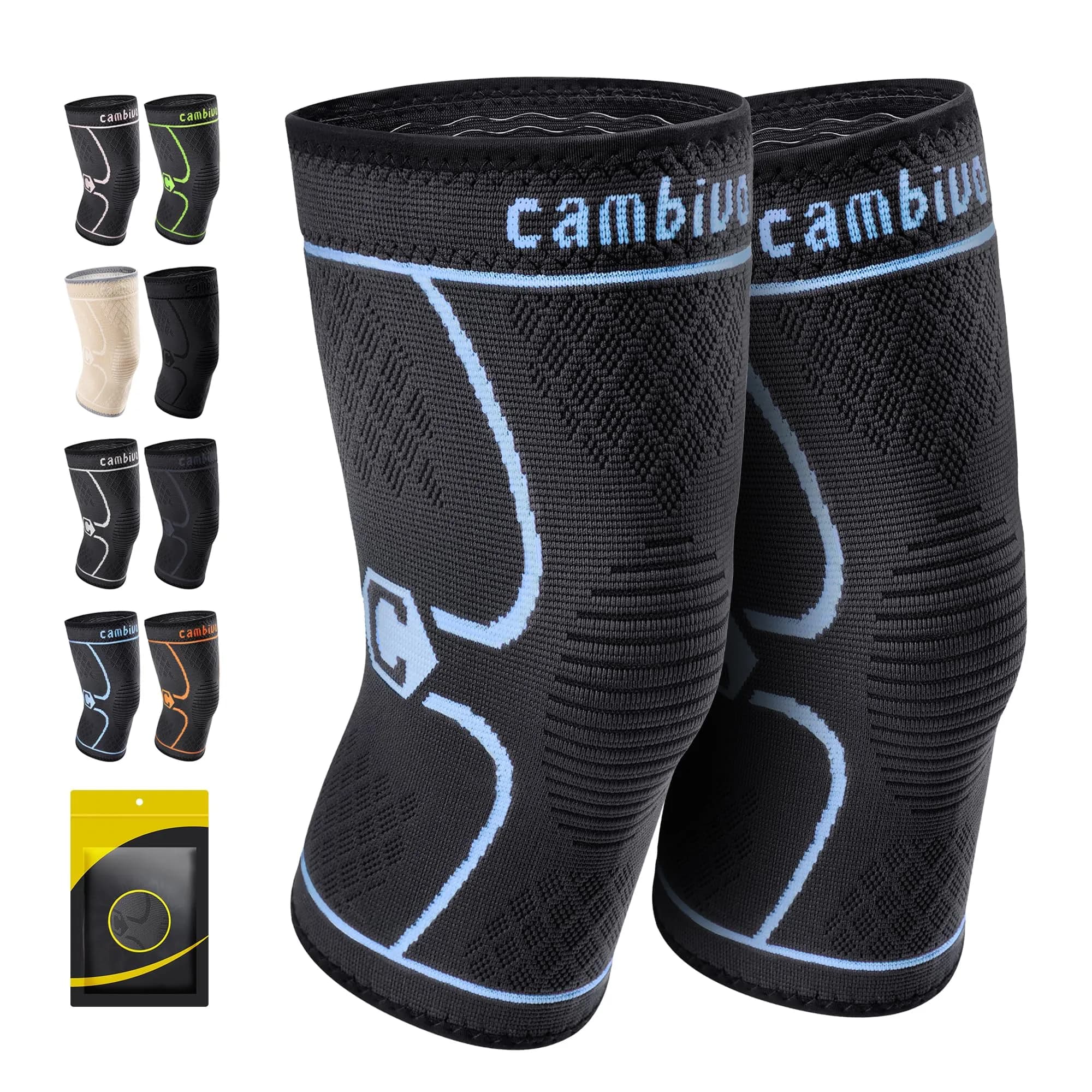 CAMBIVO 2 Pack Knee Brace Compression Sleeve Support | Black, Small (2 Pairs) — Blue / Large