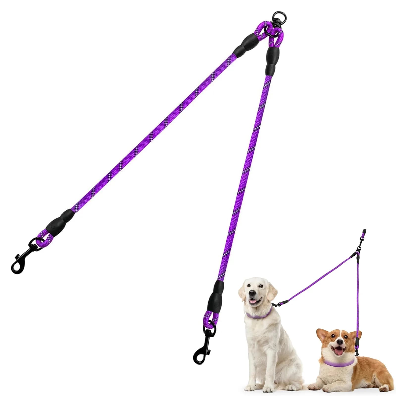 Taglory 30 Inch Black Double Dog Leash Coupler for Small & Medium Dogs | Tangle-Free 360° Swivel Dual Leash Extension — Purple / 30 Inch
