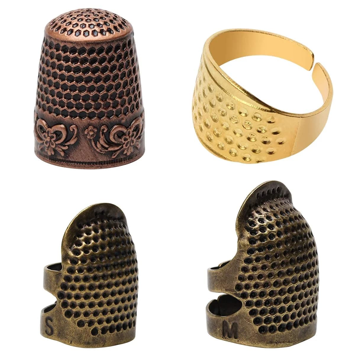 Zhaoyao 4 Piece Sewing Thimble Set Adjustable Metal Finger Protector for Needlework & DIY Sewing (4 Styles, Brass, 1.4cm x 2.5cm x 1.7cm) - main product image