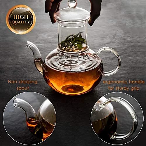 Moss & Stone Glass Tea Kettle Infuser & 4 Cups Gift Set 1L (27oz) | Borosilicate Glass Teapot with Removable Strainer & 80ml Cups thumbnail 4
