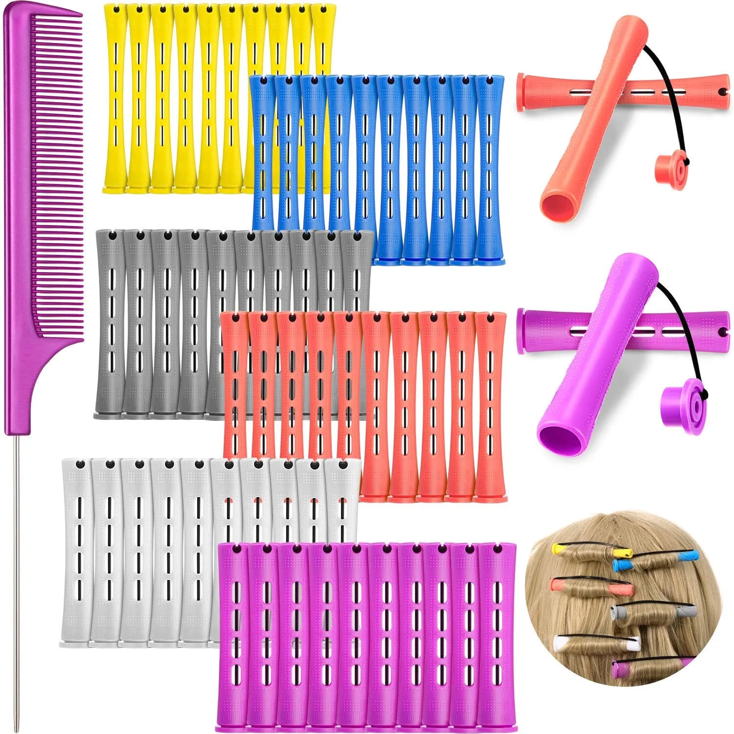 WILLBOND 60 Pcs Hair Perm Rods Set with Tail Comb, Multi Sizes (0.75-0.28 inch)