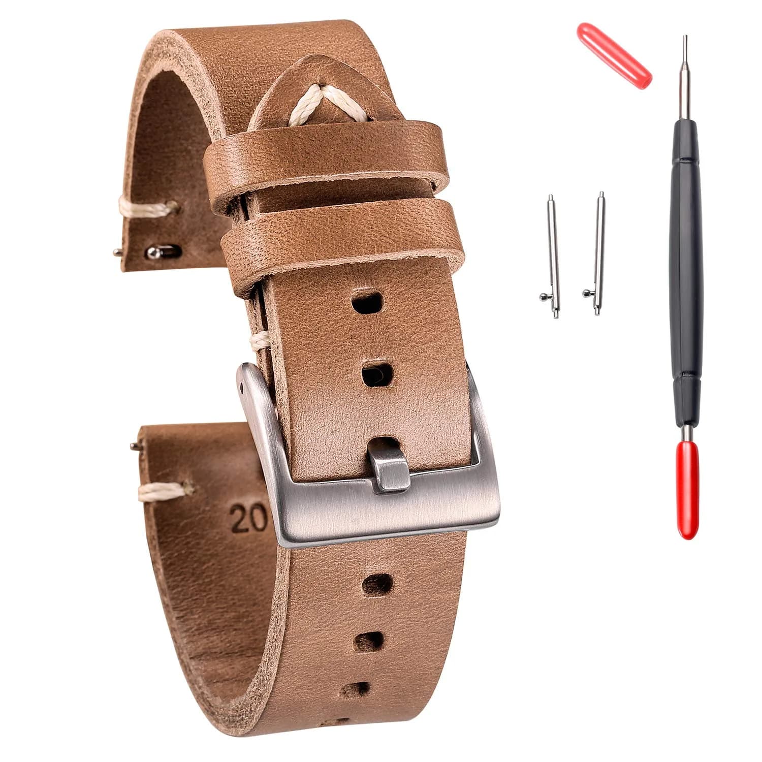 hemsut h Green Horween Leather Watch Band 22mm (0.87 inch) | Genuine USA Leather for Men — Khaki / 22mm