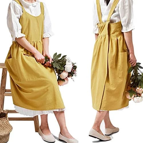 NEWGEM Japanese Cotton Cross Back Pinafore Apron for Women with Pockets Yellow 80cm (31.5in) thumbnail 1