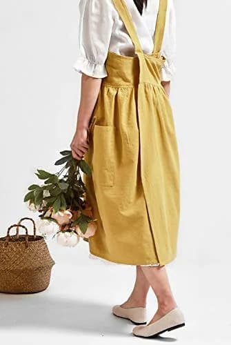 NEWGEM Japanese Cotton Cross Back Pinafore Apron for Women with Pockets Yellow 80cm (31.5in) thumbnail 5
