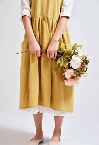NEWGEM Japanese Cotton Cross Back Pinafore Apron for Women with Pockets Yellow 80cm (31.5in) thumbnail 6