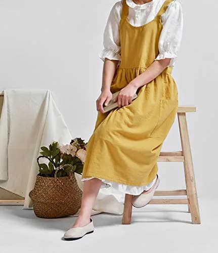 NEWGEM Japanese Cotton Cross Back Pinafore Apron for Women with Pockets Yellow 80cm (31.5in) thumbnail 2