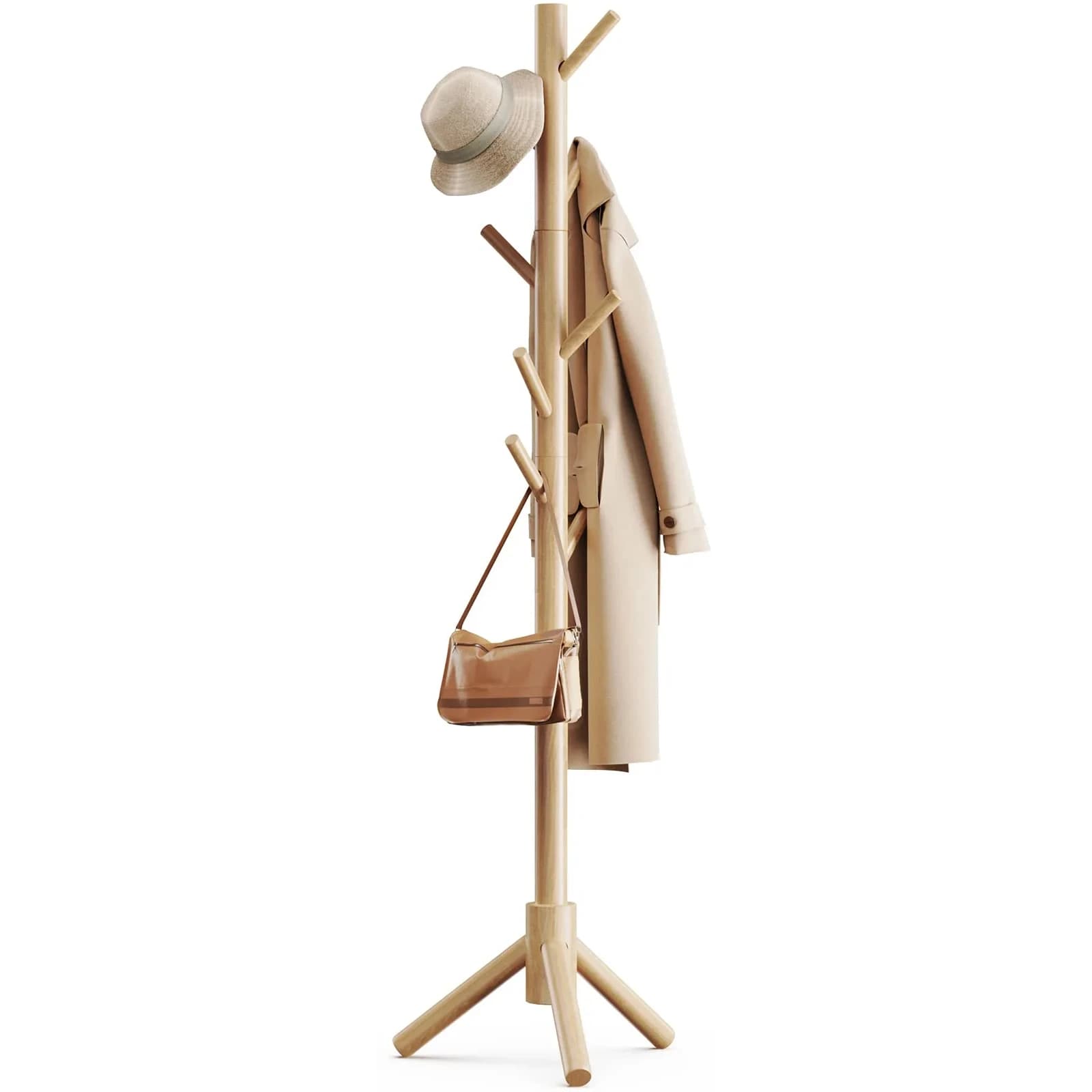 Pipishell Solid Wooden Coat Rack Freestanding with 8 Hooks, Natural | 1.7m (68.9") Height-Adjustable Entryway Stand - main product image