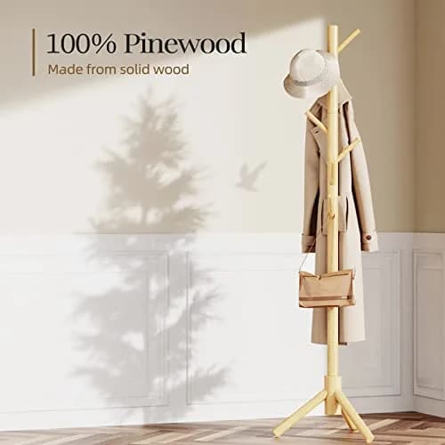 Pipishell Solid Wooden Coat Rack Freestanding with 8 Hooks, Natural | 1.7m (68.9") Height-Adjustable Entryway Stand thumbnail 4
