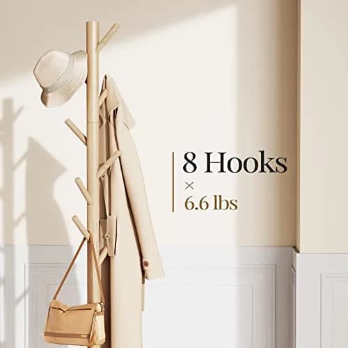 Pipishell Solid Wooden Coat Rack Freestanding with 8 Hooks, Natural | 1.7m (68.9") Height-Adjustable Entryway Stand thumbnail 2