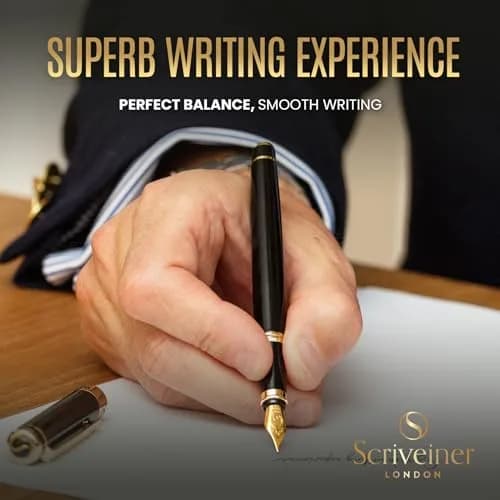 Scriveiner Luxury Fountain Pen - Black Lacquer, Gold Finish, Schmidt Gilded Nib, Converter | Elegant British Design (110 characters) thumbnail 4
