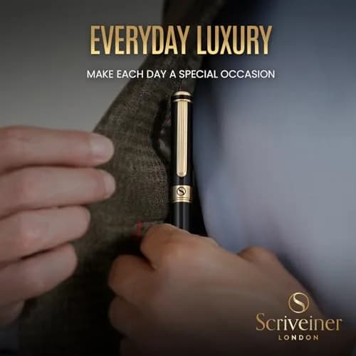 Scriveiner Luxury Fountain Pen - Black Lacquer, Gold Finish, Schmidt Gilded Nib, Converter | Elegant British Design (110 characters) thumbnail 7