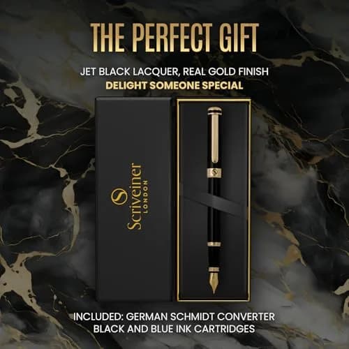 Scriveiner Luxury Fountain Pen - Black Lacquer, Gold Finish, Schmidt Gilded Nib, Converter | Elegant British Design (110 characters) thumbnail 8