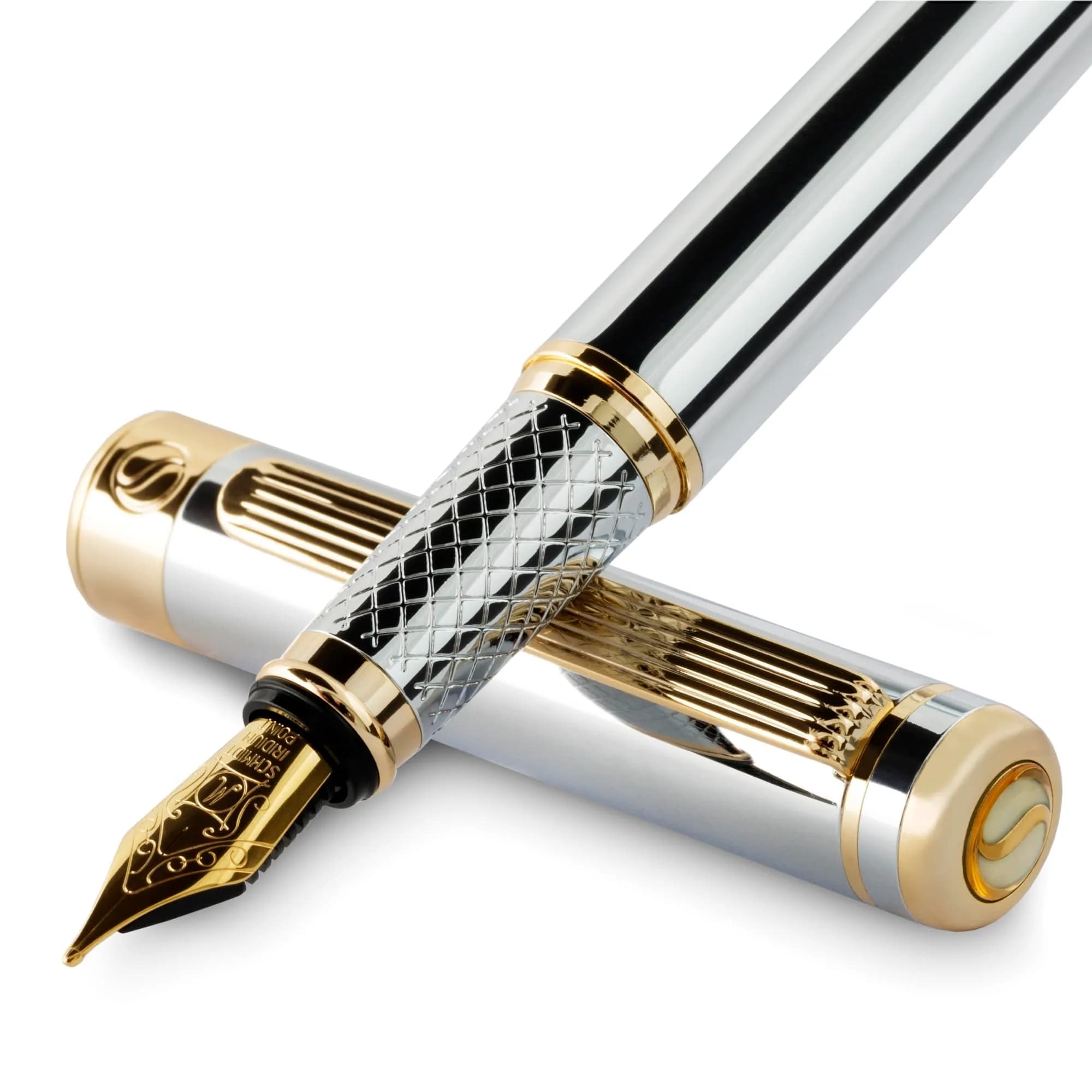 Scriveiner Fountain Pen Silver Chrome Gold Finish Broad Nib | Luxury Executive Office Pen — 10. Silver Chrome with Gold / Medium Nib