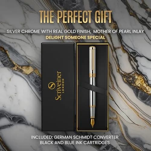 Scriveiner Silver Chrome Fountain Pen with Gold Finish Schmidt Nib (Medium) | Luxury Executive Pen for Professionals thumbnail 3