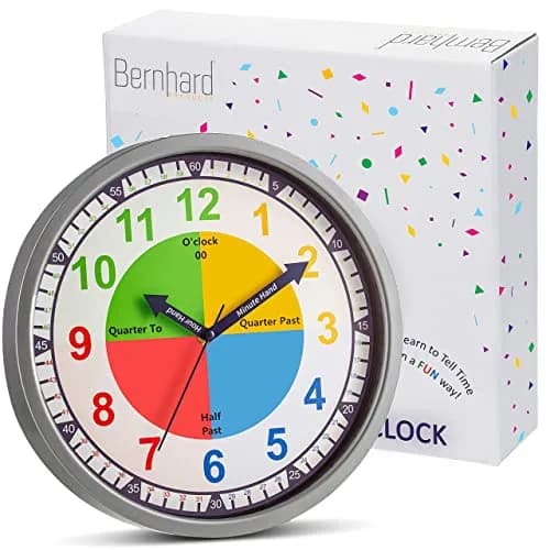 Bernhard Products Colorful Kids Wall Clock 12 Inch | Silent Teaching Time Tool for Children thumbnail 2