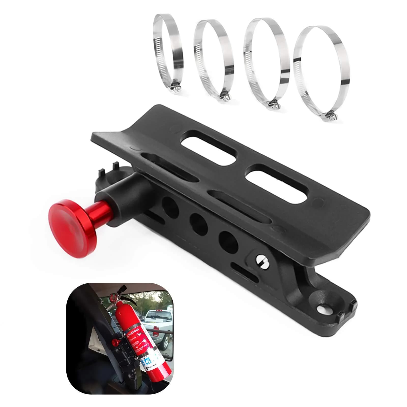BarBaren Fire Extinguisher Mount Holder Adjustable for Jeep Wrangler TJ JK JKU JL UTVs Polaris RZR Ranger | Stainless Steel, Fire Safety - main product image