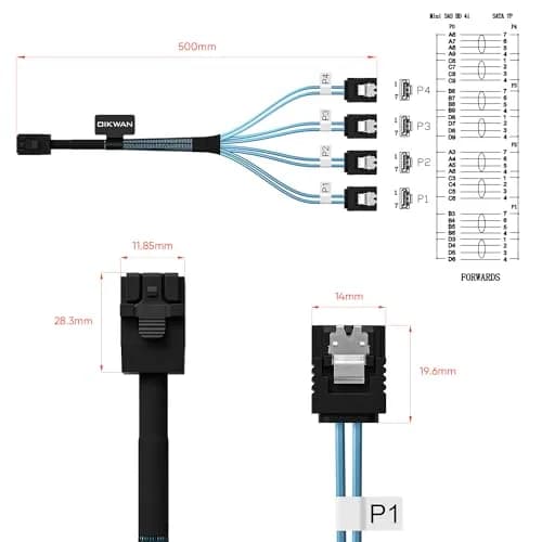 OIKWAN Internal HD Mini SAS to 4XSATA Cable 0.49m (1.6ft) | Connects RAID Controller to 4 SATA Drives thumbnail 3