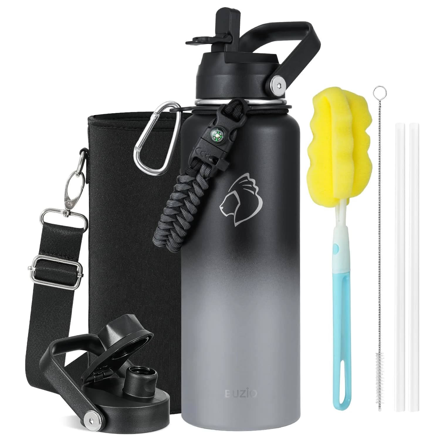 BUZIO 1.89 L (64 oz) Insulated Water Jug with 3 Lids & Straws | Keeps Cold 48 Hrs, Hot 24 Hrs — Shadow / 40 Ounces