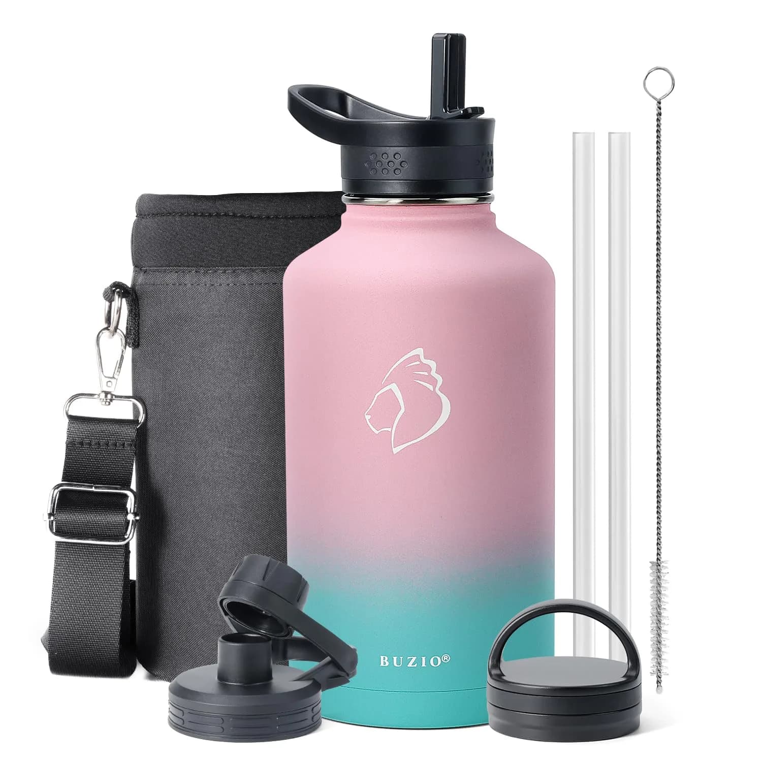 BUZIO 1.89 L (64 oz) Insulated Water Jug with 3 Lids & Straws | Keeps Cold 48 Hrs, Hot 24 Hrs — Bubble Gum / 64 Ounces