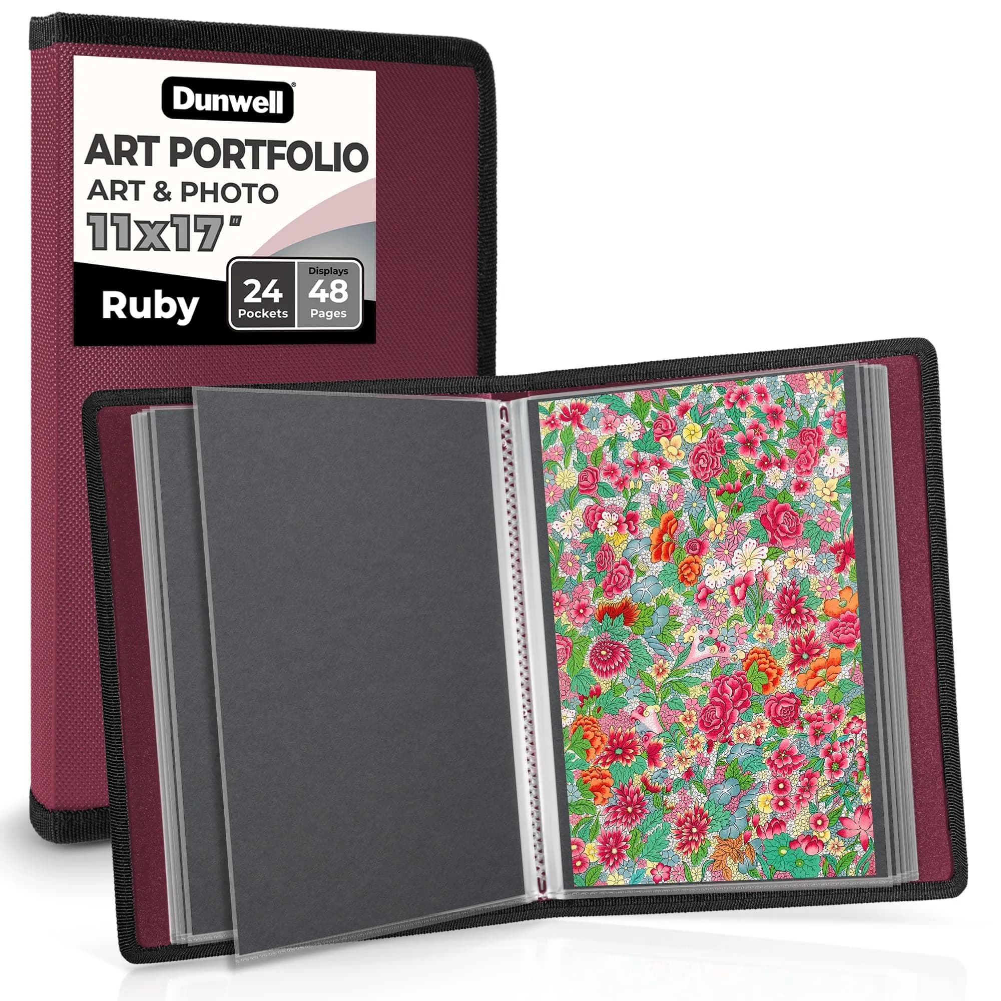 Dunwell 11x17 Art Portfolio Binder with 24 Sleeves and Black Mounting Paper | Displays 48 Pages