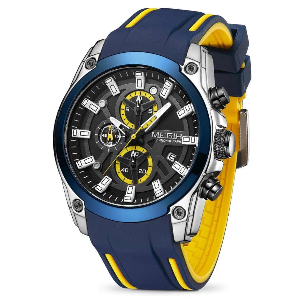 MEGIR Men's Analogue Sport Chronograph Quartz Watch, Blue | Water-Resistant, Luminous, 46.5mm Dial