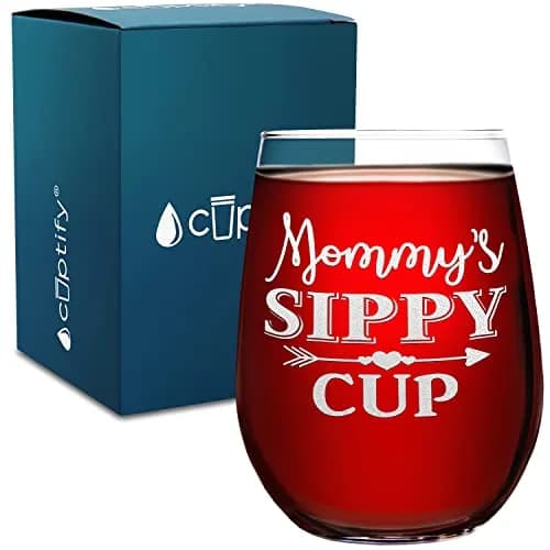 Cuptify Mommy's Sippy Cup Stemless Wine Glass 503ml (17 fl oz) | Laser Etched Heart Arrow Design thumbnail 1