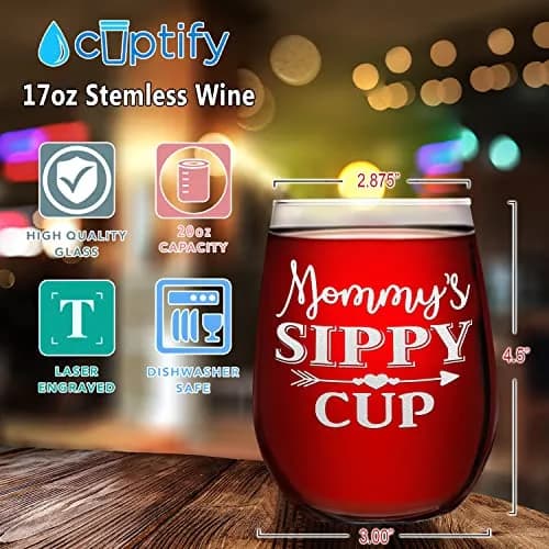 Cuptify Mommy's Sippy Cup Stemless Wine Glass 503ml (17 fl oz) | Laser Etched Heart Arrow Design thumbnail 2